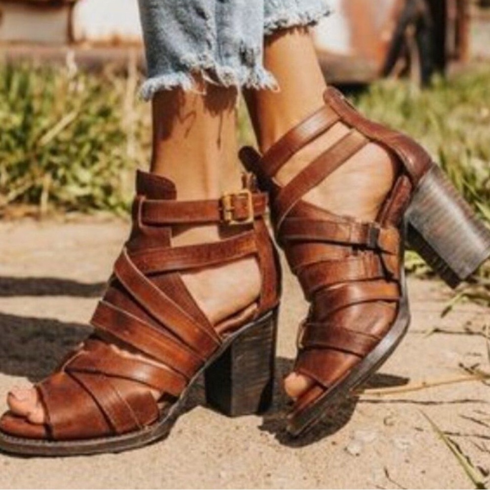 Freebird by Steven Brown Leather Strappy Block Heel Sandals